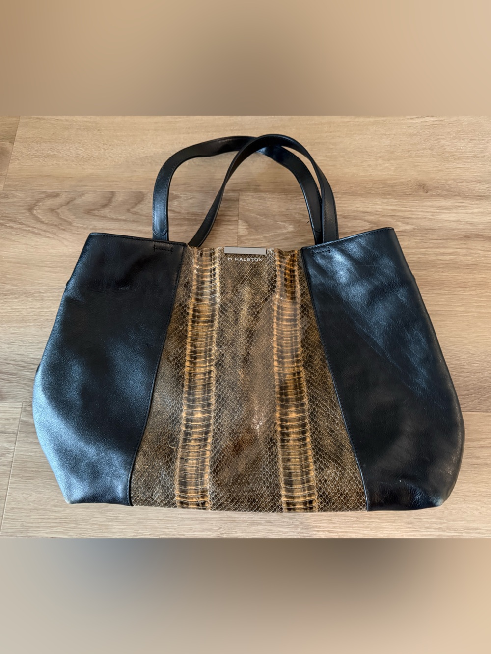 H by Halston Black Gold Snakeskin-Texture Shoulder Bag